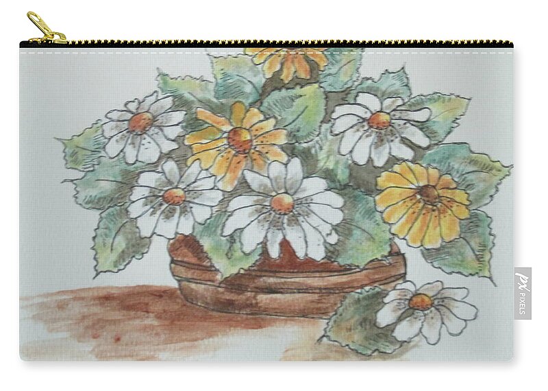 Abstract Daisies Flowers Ink Summer Blooms Tuscany Provence Gold Brown White Green Zip Pouch featuring the painting Daisy Craze by Sharyn Winters