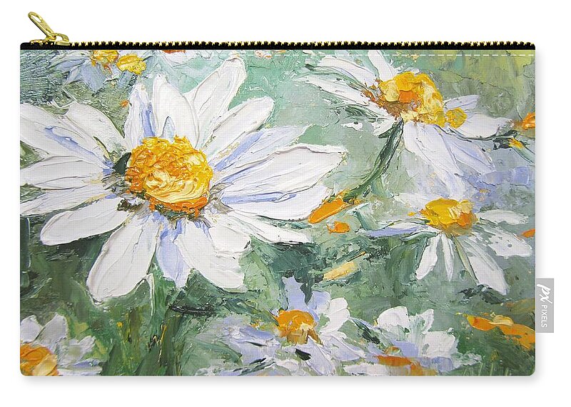 Daisy Zip Pouch featuring the painting Daisy Delight Palette Knife Painting by Chris Hobel