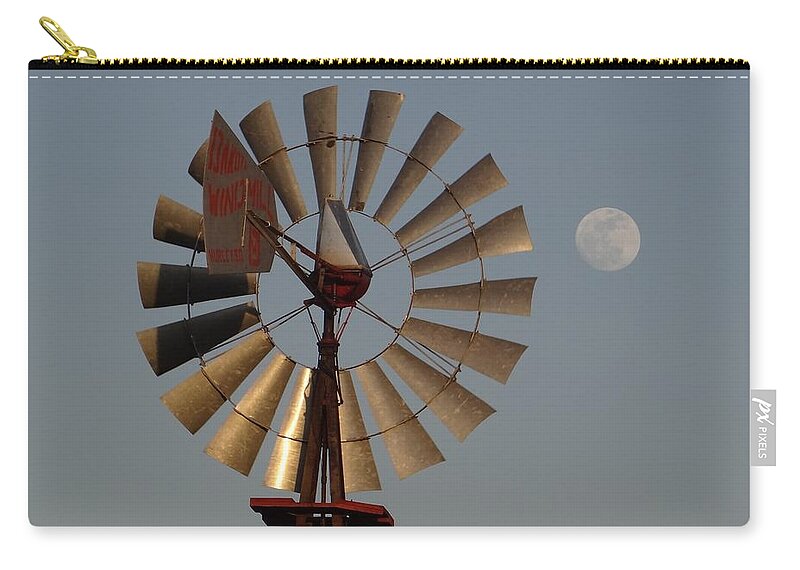 Windmill Zip Pouch featuring the photograph Dakota Windmill And Moon by Keith Stokes