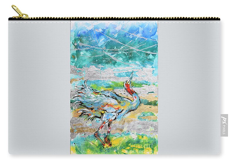 Sarus Cranes In Mating Dance. Birds Zip Pouch featuring the painting Dancing Crane 1 by Jyotika Shroff