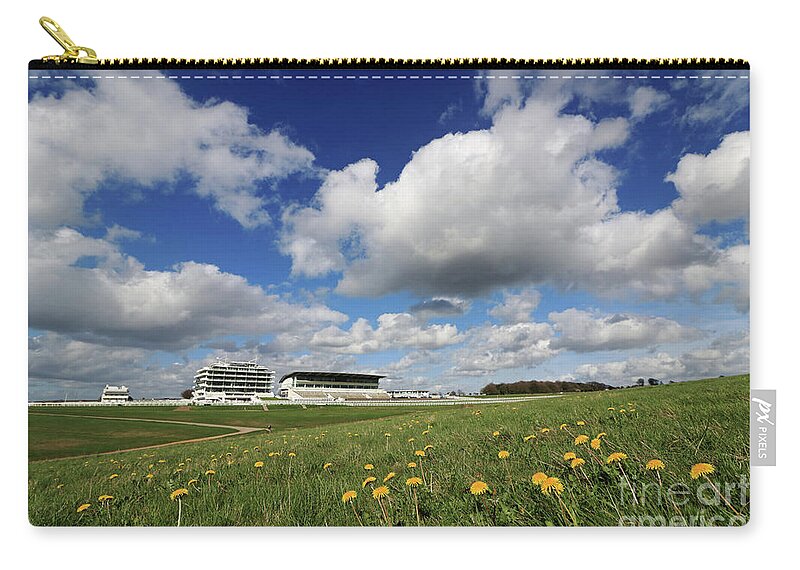Dandelions On Epsom Downs Uk Fluffy Cumulus Clouds English Landscape Countryside Zip Pouch featuring the photograph Dandelions on Epsom Downs UK by Julia Gavin