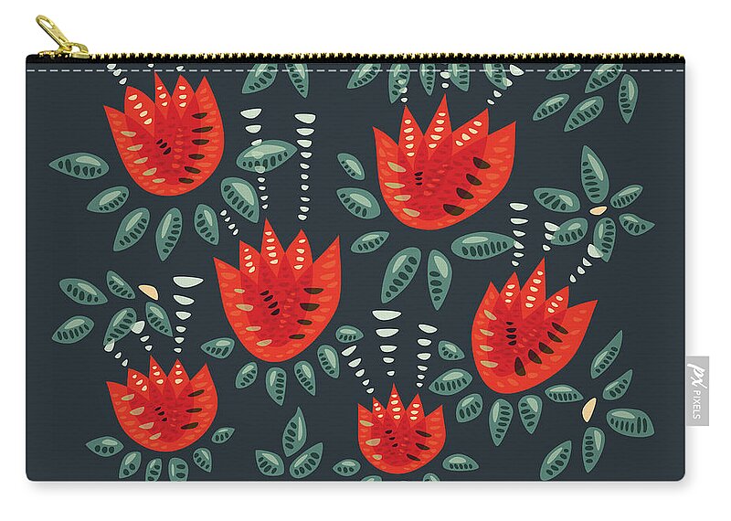 Red Tulip Zip Pouch featuring the digital art Dark Floral Pattern Of Abstract Red Tulips by Boriana Giormova