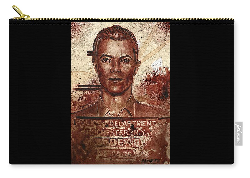 David Bowie Carry-all Pouch featuring the painting DAVID BOWIE MUGSHOT 1976 - dry blood by Ryan Almighty