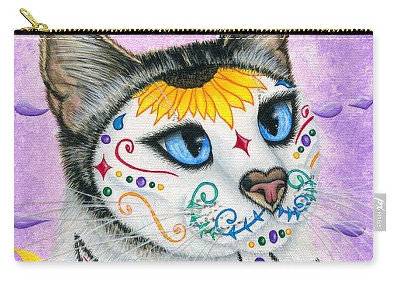 Dia De Los Muertos Gato Zip Pouch featuring the painting Day of the Dead Cat Sunflowers - Sugar Skull Cat by Carrie Hawks