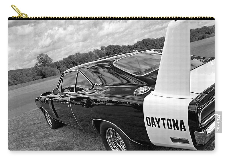 Dodge Charger Zip Pouch featuring the photograph Daytona Charger in Black and White by Gill Billington