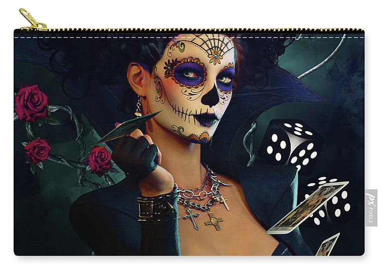 Dead Lucky Zip Pouch featuring the mixed media Dead Lucky Sugar Doll by Shanina Conway