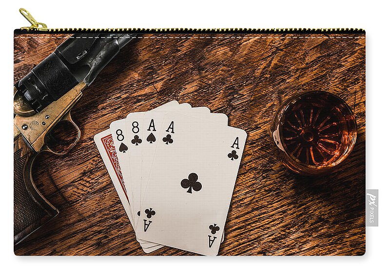 Black Zip Pouch featuring the photograph Dead Mans Hand a Gun and a Shot of Whiskey by Semmick Photo
