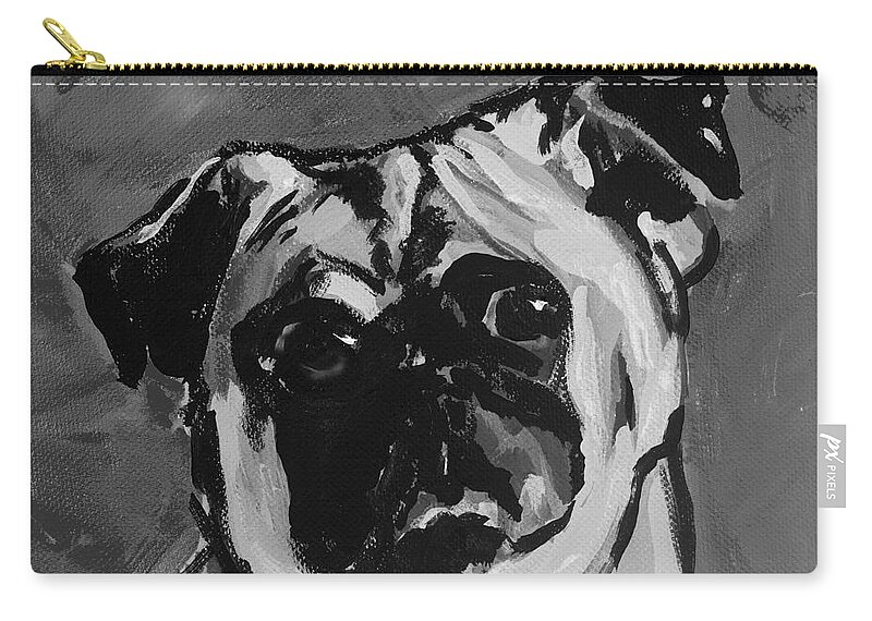 Pug; Dog; Puppy; Animal; Portrait; Painting; Acrylic Zip Pouch featuring the painting Deb's Ming monochrome by Rebecca Weeks