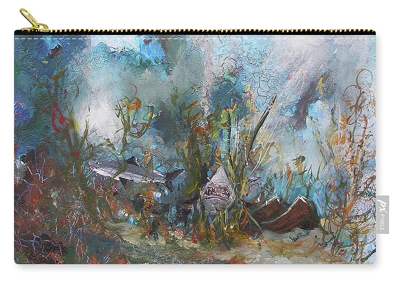 Deep Danger Ocean Water Shark Fish Weed Wave Blue Sea Acrylic On Canvas Print Seascape Seaweed Colors Sand Bottom Wreckage Wreck Zip Pouch featuring the painting Deep Danger by Miroslaw Chelchowski