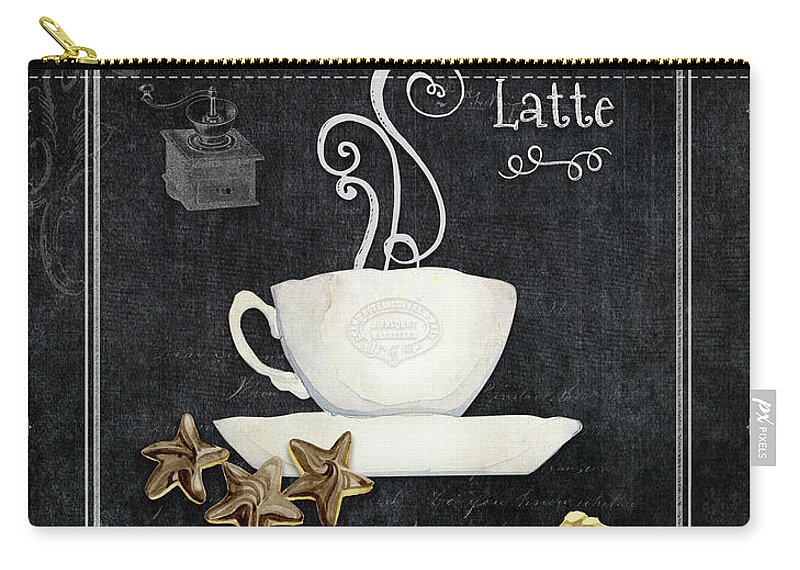 Coffee Art Zip Pouch featuring the painting Deja Brew Chalkboard Coffee 2 Caffe Latte Shortbread Chocolate cookies by Audrey Jeanne Roberts