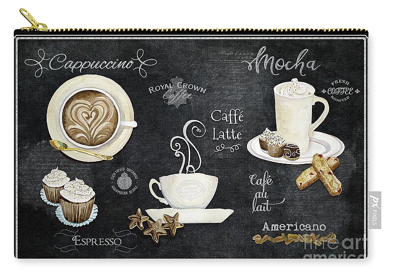 Coffee Art Zip Pouch featuring the painting Deja Brew Chalkboard Coffee Cappuccino Mocha Caffe Latte by Audrey Jeanne Roberts