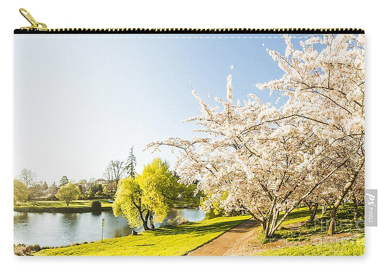 Spring Zip Pouch featuring the photograph Deloraine cherry tree panorama by Jorgo Photography