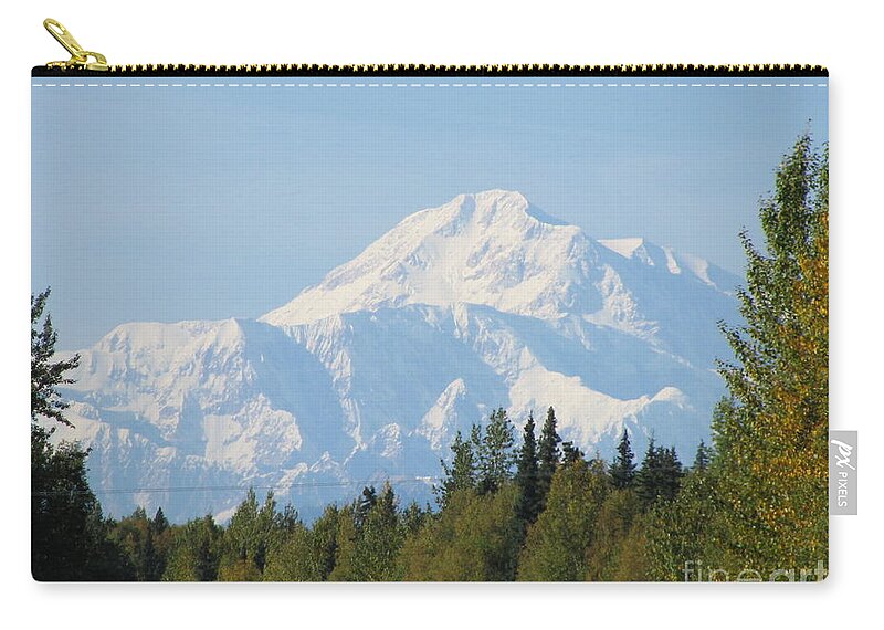 Denali Zip Pouch featuring the photograph Denali framed by trees by Anthony Trillo