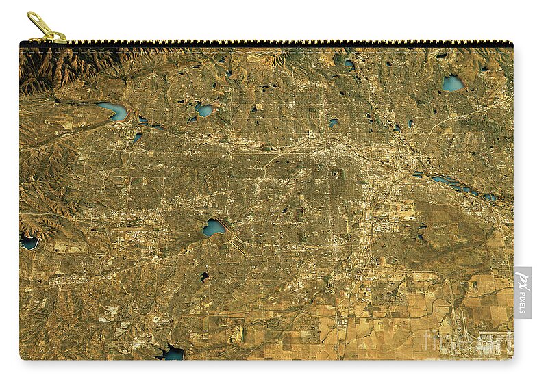 Denver Zip Pouch featuring the digital art Denver 3D Landscape View East-West Natural Color by Frank Ramspott