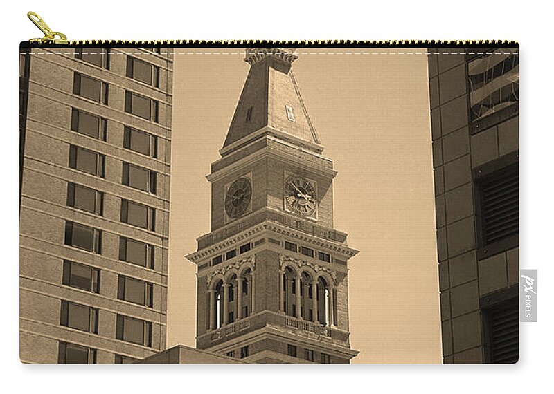 16th Zip Pouch featuring the photograph Denver - Historic D F Clocktower 2 Sepia by Frank Romeo