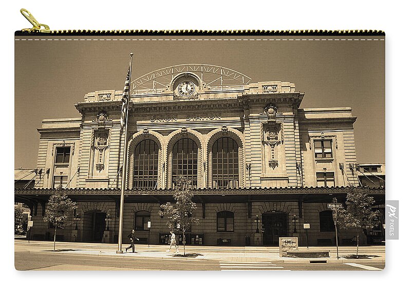 America Zip Pouch featuring the photograph Denver - Union Station Sepia 5 by Frank Romeo