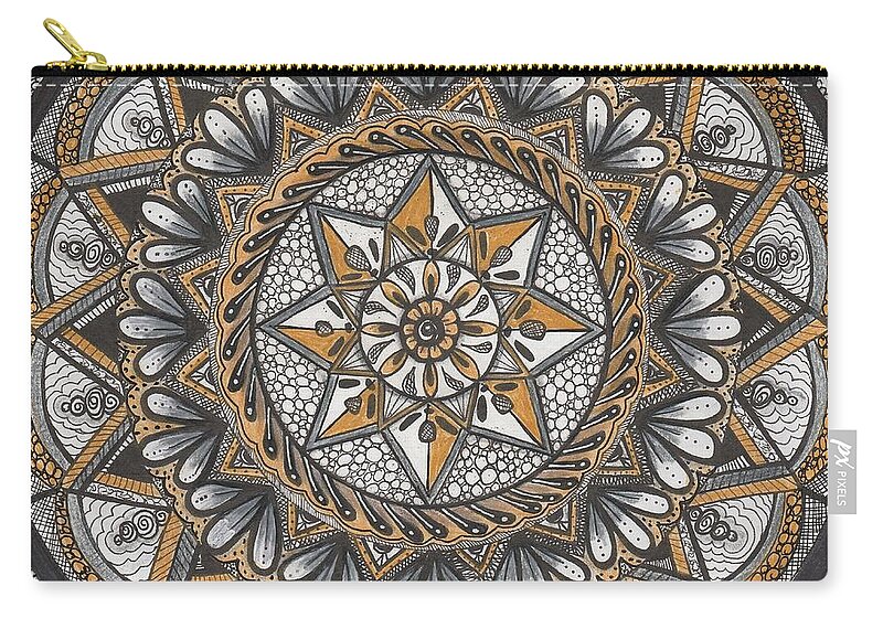 Tapestry Zip Pouch featuring the drawing DES Tapestry in Gold-Grey-Black by Kathy Sheeran