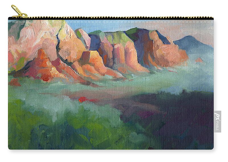 Landscape Zip Pouch featuring the painting Desert Afternoon Mountains Sky and Trees by Catherine Twomey