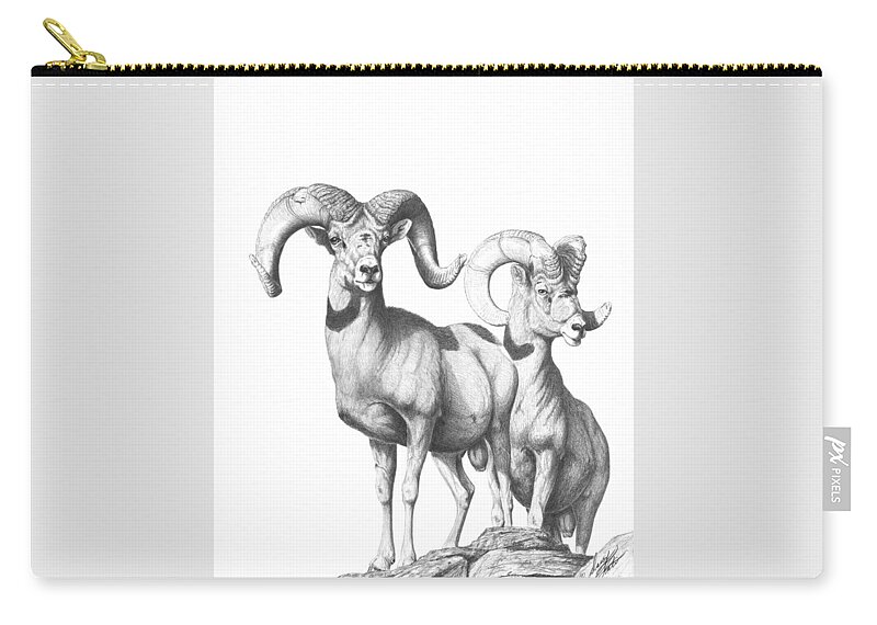 Desert Bighorn Rams Zip Pouch featuring the drawing Desert Sentinels by Darcy Tate