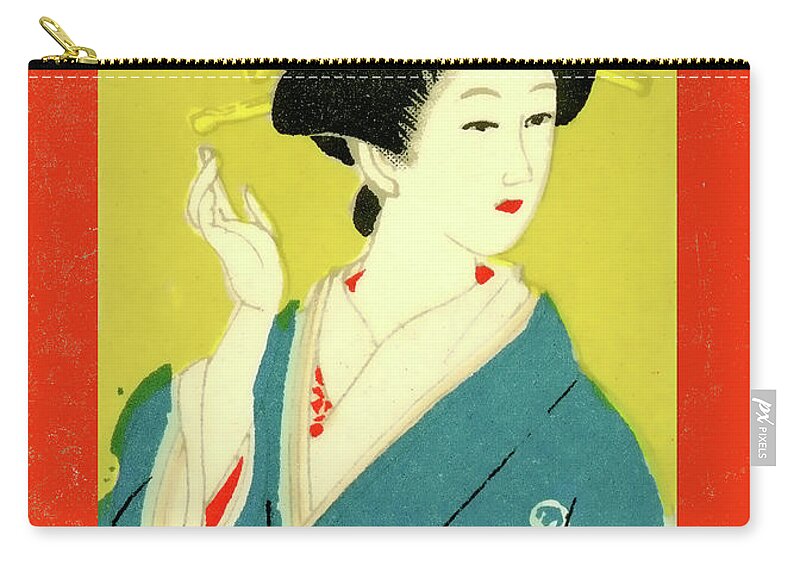 Japan Zip Pouch featuring the mixed media Designer Series Japanese Matchbox Label 128 by Carol Leigh