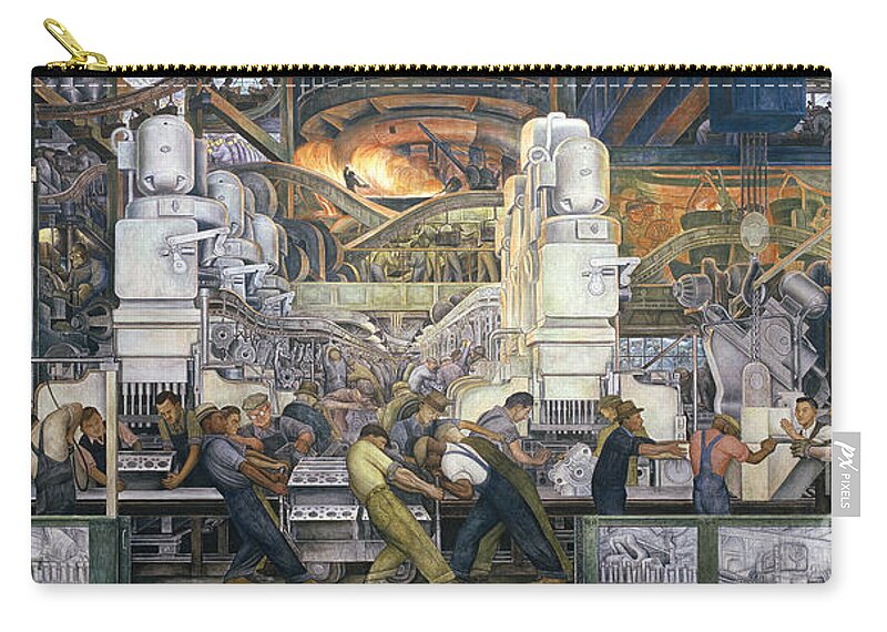Machinery; Factory; Production Line; Labour; Worker; Male; Industrial Age; Technology; Automobile; Interior; Manufacturing; Work; Detroit Industry Zip Pouch featuring the painting Detroit Industry  North Wall by Diego Rivera