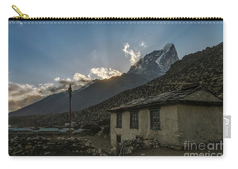 Everest Zip Pouch featuring the photograph Dingboche Nepal Sunrays by Mike Reid