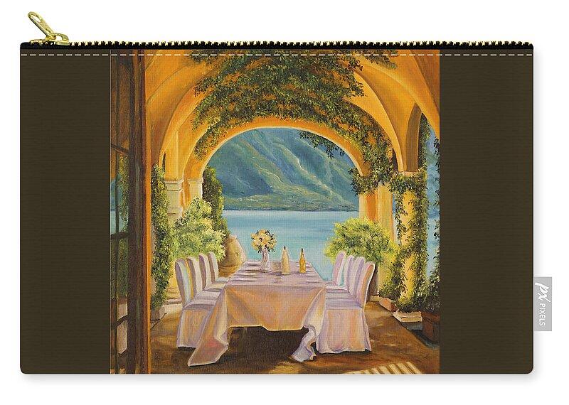 Lake Como Artwork Zip Pouch featuring the painting Dining on Lake Como by Charlotte Blanchard