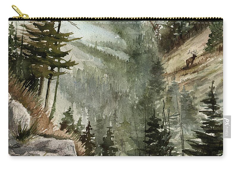 Mountian Elk Landscape Wildlife Trees Zip Pouch featuring the painting Distant Dream by Sam Sidders