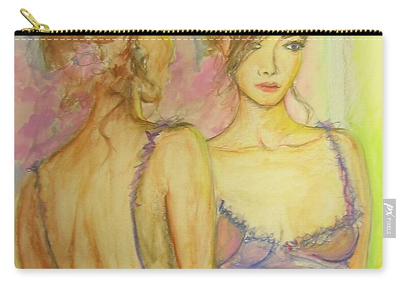 Feminine Zip Pouch featuring the painting Distracted by Lizzy Forrester