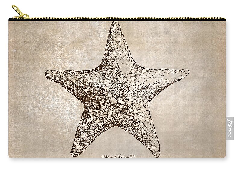 Shell Drawing Zip Pouch featuring the digital art Distressed Antique Nautical Starfish by K Whitworth