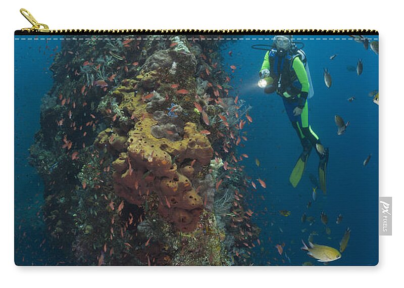 Diver Zip Pouch featuring the photograph Diver At Wreck by Reinhard Dirscherl