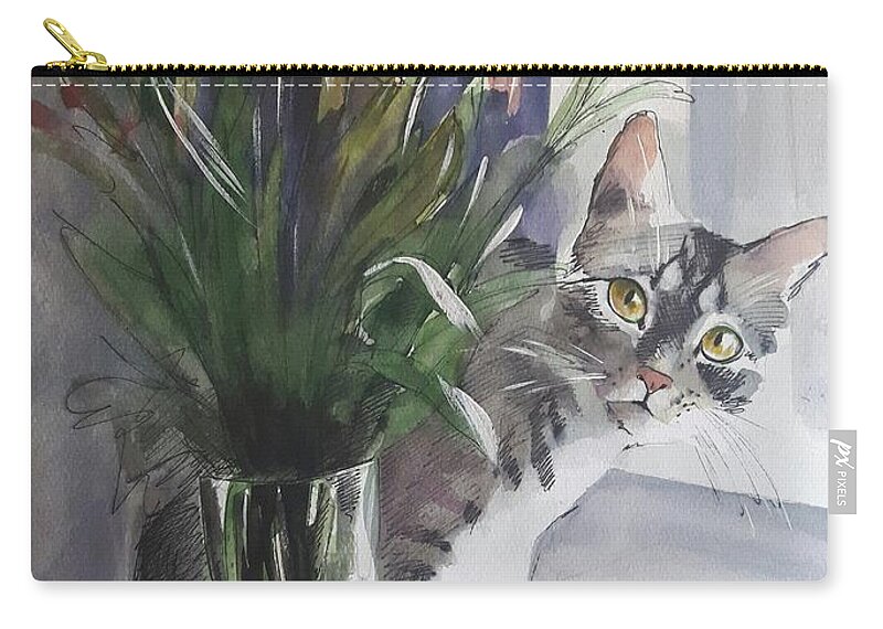 Cat Zip Pouch featuring the painting Do you see me? Pet portrait in watercolor .Modern cat art with flowers by Vali Irina Ciobanu