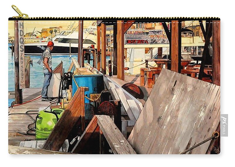 Landscape Zip Pouch featuring the painting Docks at Port Aransas by Robert W Cook