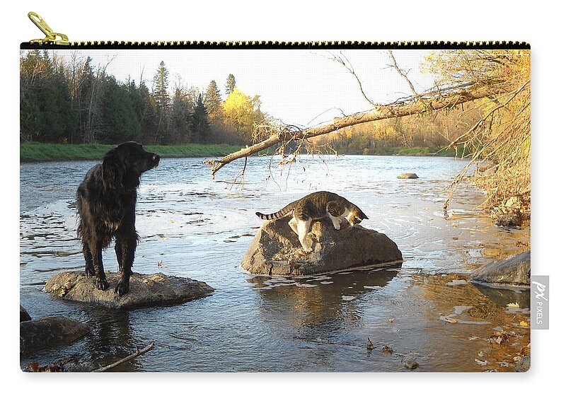 Dog Zip Pouch featuring the photograph Dog and Cat Exploring Rocks by Kent Lorentzen