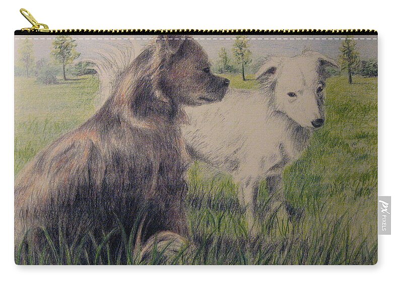 Dogs Zip Pouch featuring the drawing Dogs In A Field by Larry Whitler