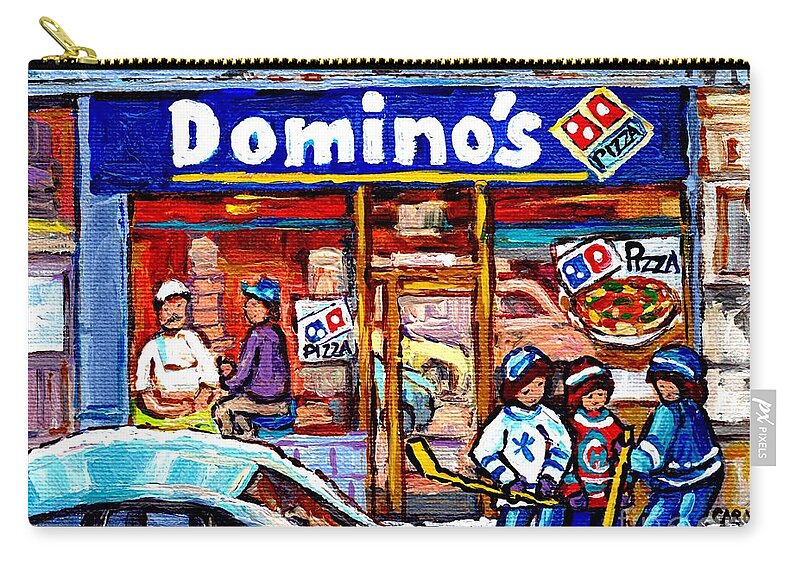 Montreal Zip Pouch featuring the painting Domino's Pizza Montreal Storefront And Restaurant Painting Winter Hockey Scene Carole Spandau Art  by Carole Spandau