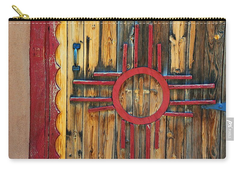 Santa Fe Zip Pouch featuring the photograph Door With Zia by Ron Weathers