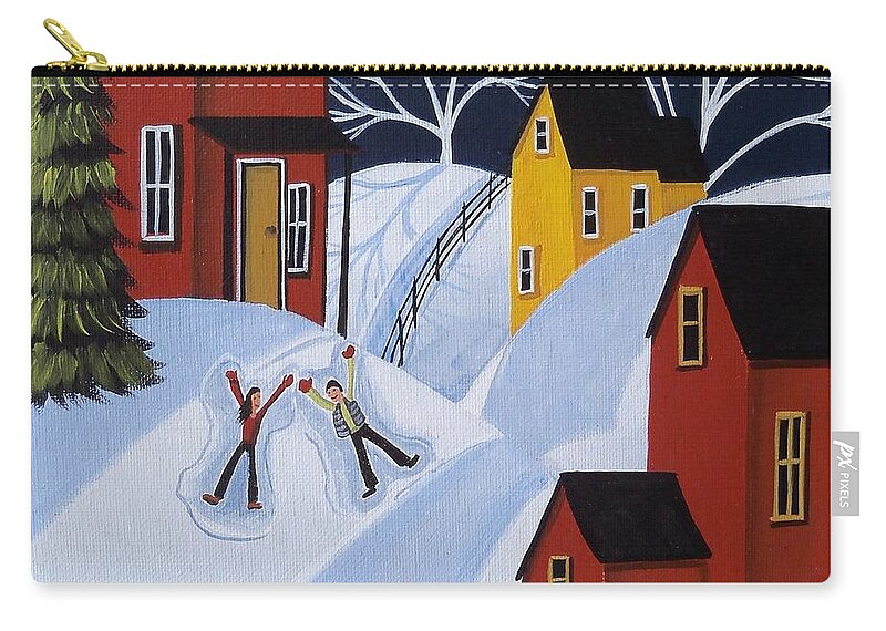 Folk Art Zip Pouch featuring the painting Double Snow Angels - folk art landscape winter by Debbie Criswell