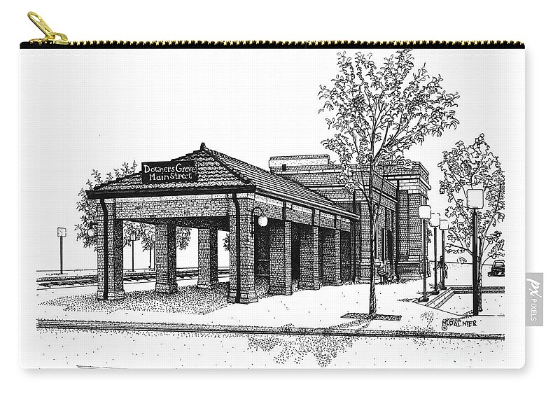 Station Zip Pouch featuring the drawing Downers Grove Main Street Train Station by Mary Palmer