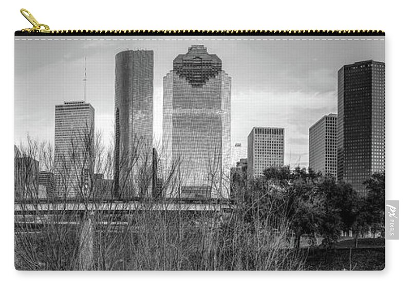 Houston Skyline Zip Pouch featuring the photograph Downtown Houston Skyline Panorama in Black and White by Gregory Ballos