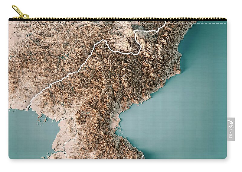 Dpr Korea Carry-all Pouch featuring the digital art DPR Korea 3D Render Topographic Map Neutral Border by Frank Ramspott