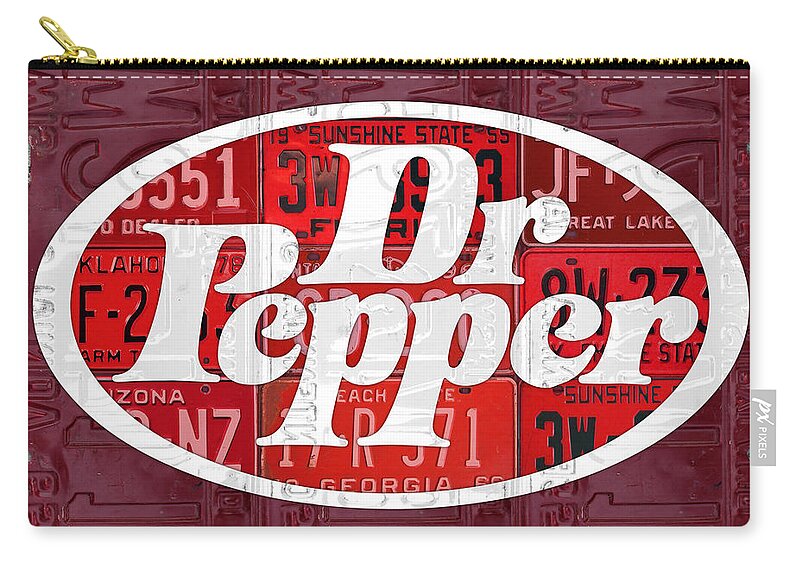 Dr Pepper Zip Pouch featuring the mixed media Dr Pepper Soda Pop Beverage Vintage Retro Logo Recycled License Plate Art by Design Turnpike