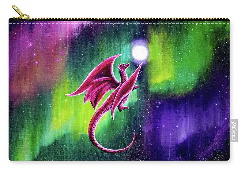 Zenbreeze Zip Pouch featuring the painting Dragon Soaring through the Northern Lights by Laura Iverson
