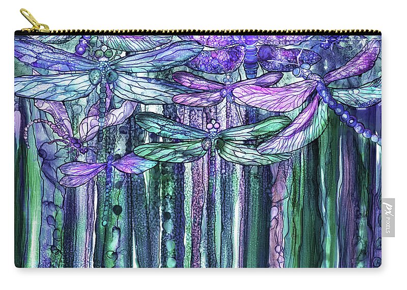 Carol Cavalaris Zip Pouch featuring the mixed media Dragonfly Bloomies 1 - Lavender Teal by Carol Cavalaris