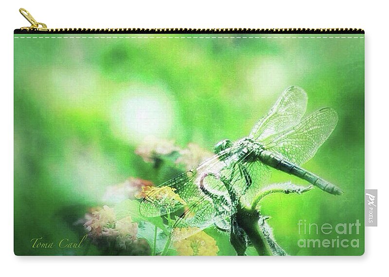 Dragonfly Zip Pouch featuring the photograph Dragonfly on Lantana-Green by Toma Caul