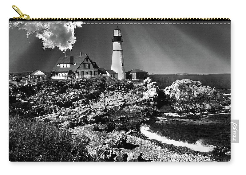 Lighthouses Zip Pouch featuring the photograph Dramatic Portland Head Lighthouse Me by Skip Willits