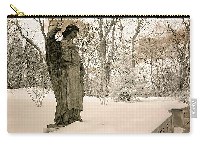 Dreamy Angel Art Prints Zip Pouch featuring the photograph Dreamy Angel Monument Surreal Sepia Nature by Kathy Fornal