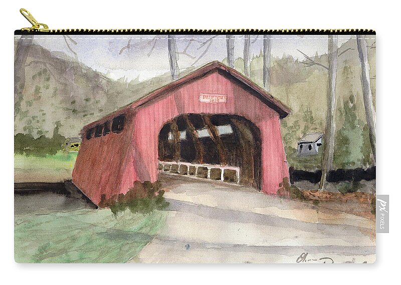 Watercolor Zip Pouch featuring the painting Drift Creek Covered Bridge Watercolor by Chriss Pagani