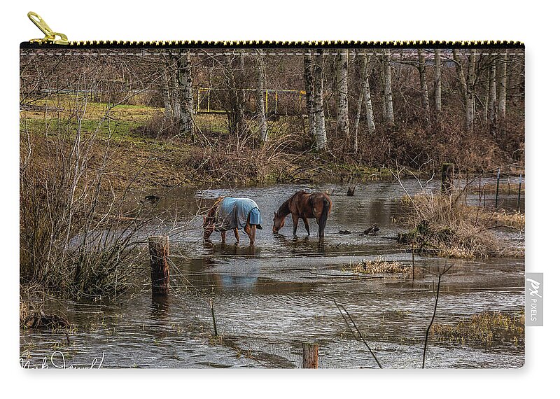 Animals Zip Pouch featuring the photograph Drinking Horses by Mark Joseph