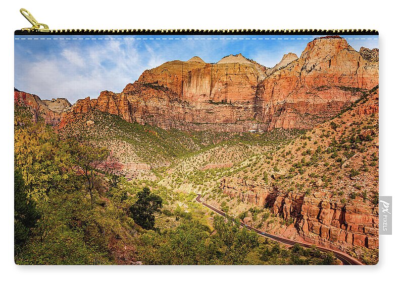 Af Zoom 24-70mm F/2.8g Zip Pouch featuring the photograph Driving into Zion by John Hight